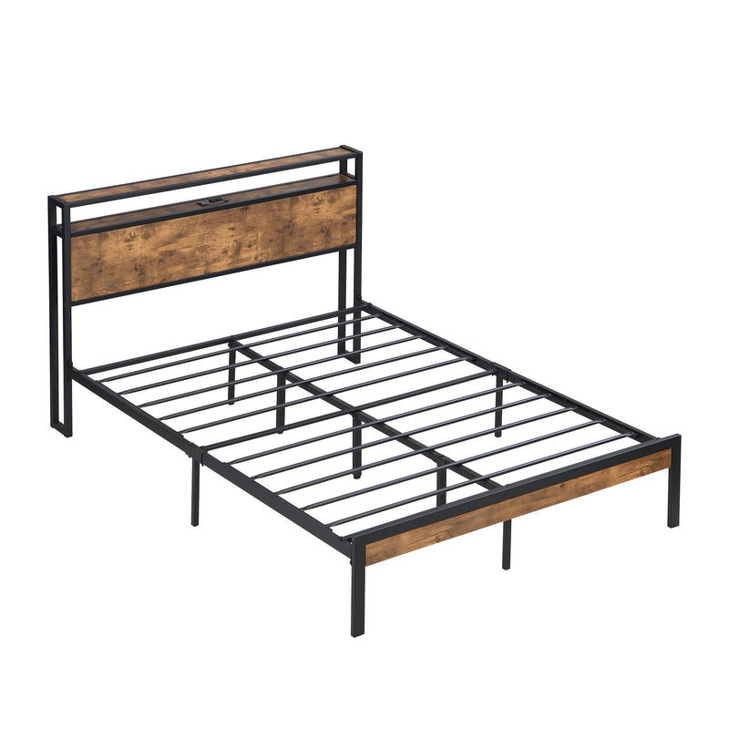 Metal Platform Bed Frame With Wooden Headboard And Footboard With USB Liner, No Box Spring Needed, Under Bed Storage