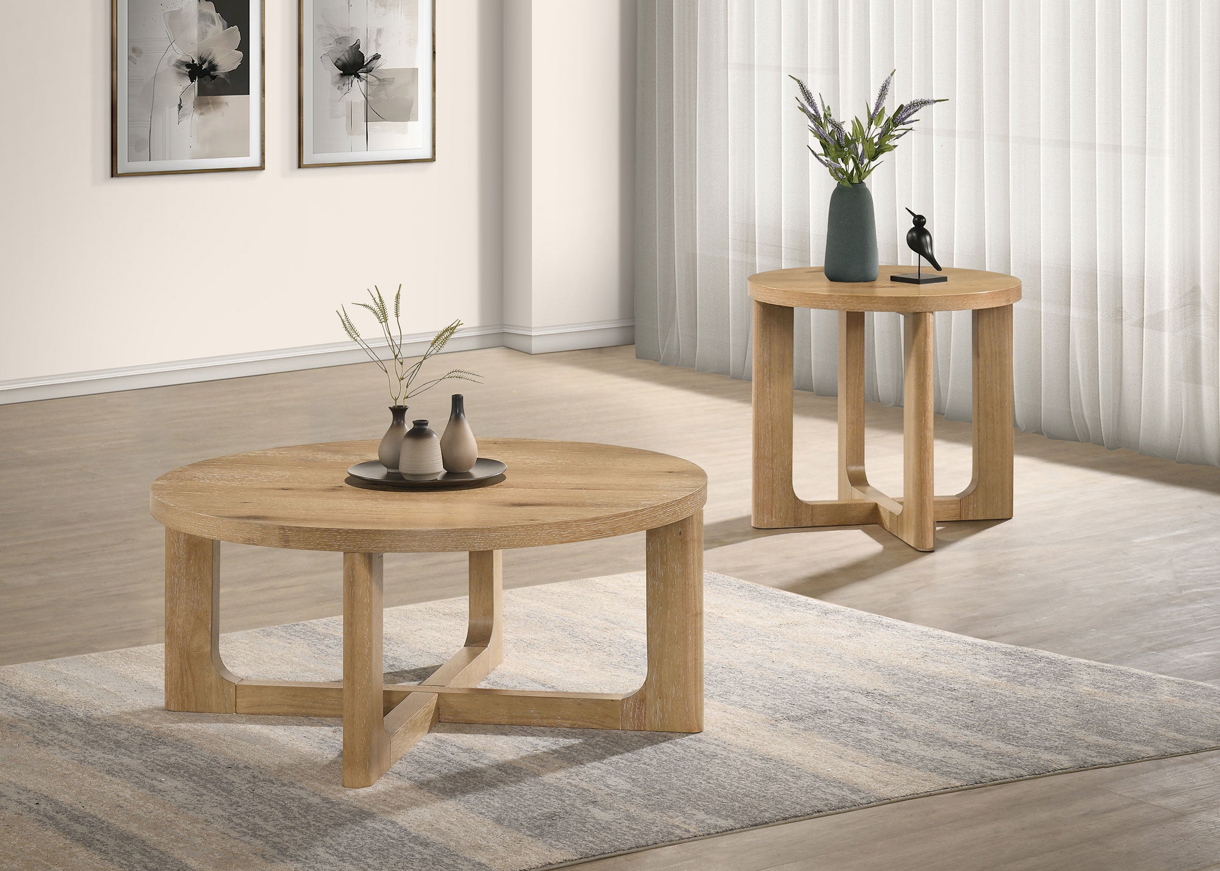 Kessler 2-piece Round Sculptural Wood Coffee Table Set Light Oak — view 1
