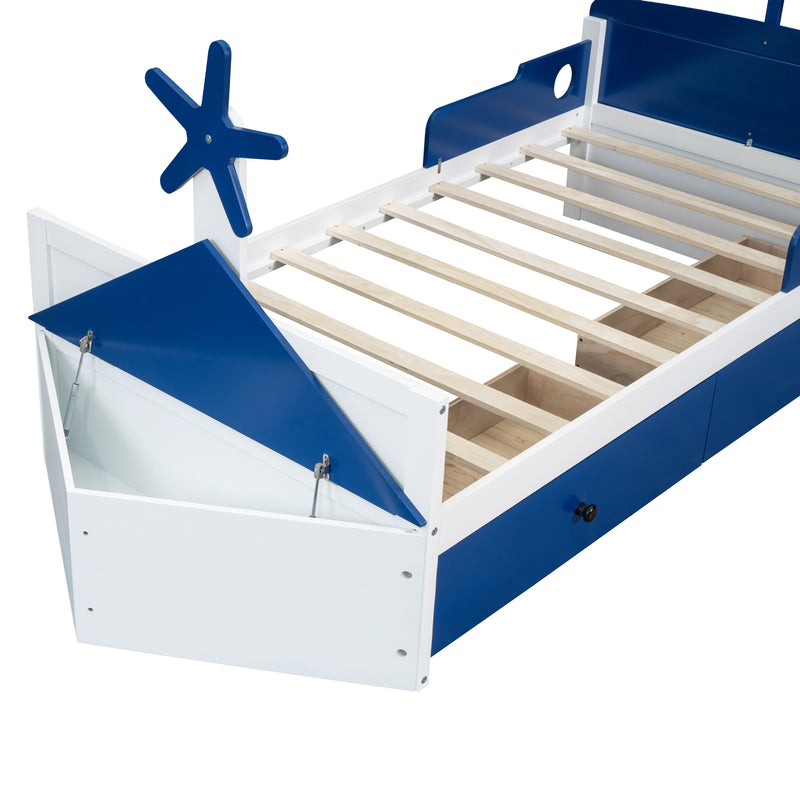 Twin Size Boat-Shaped Platform Bed with 2 Drawers ,Twin Bed with Storage for Bedroom,Blue