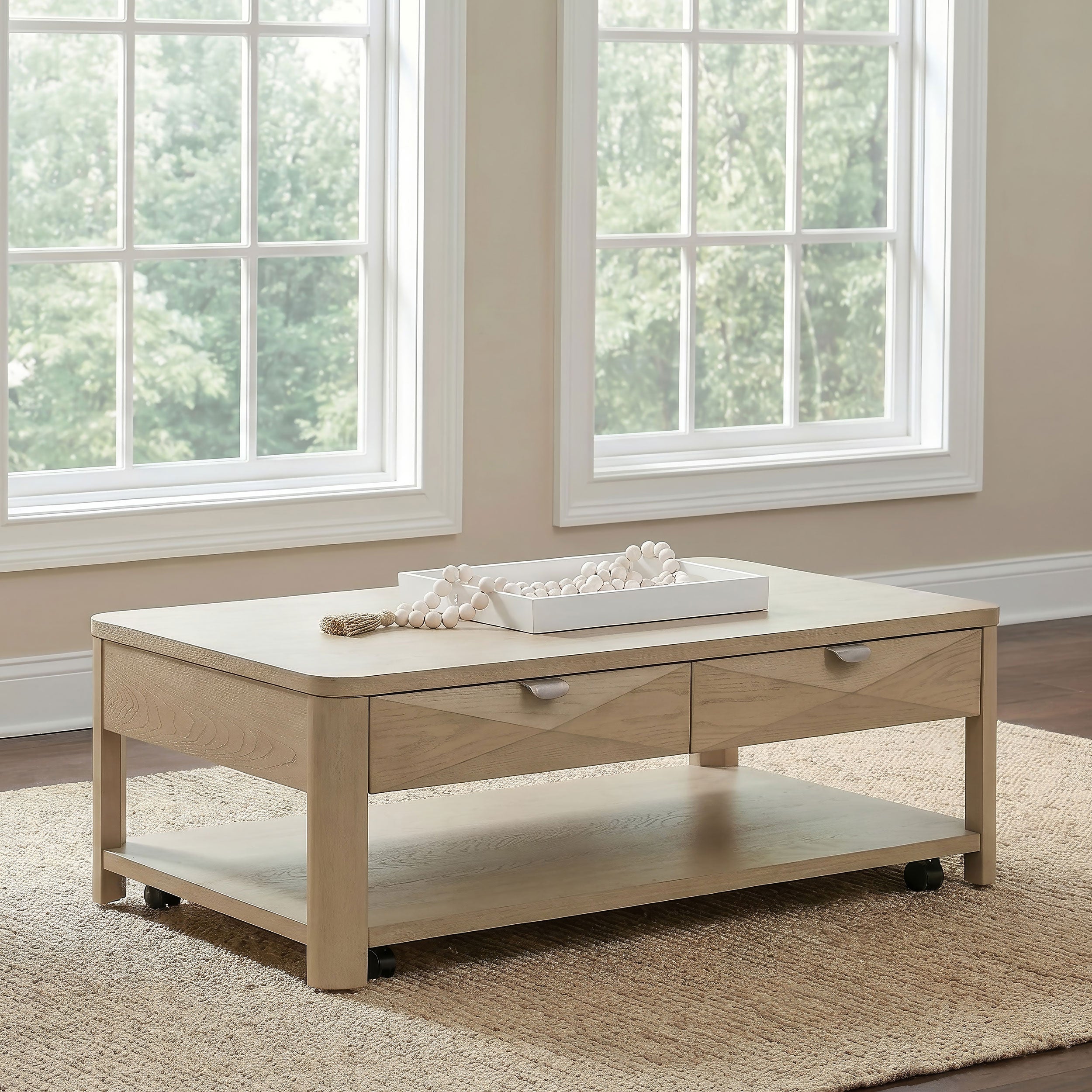 Marcelo Wood Coffee Table with 2 Drawers and Shelf Light Elm — view 2