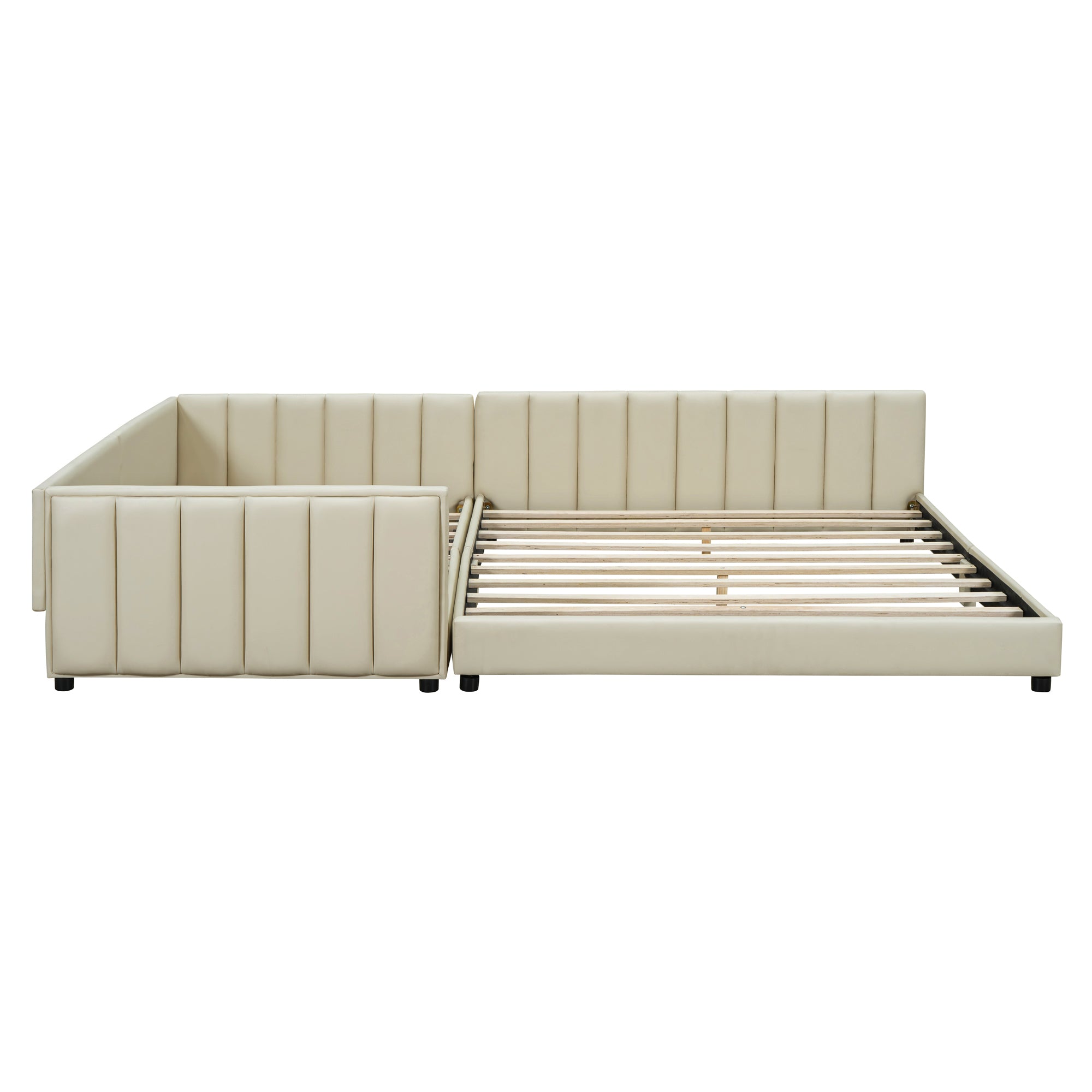 Queen Size & Twin XL Size Upholstered Platform Bed, Mother & Child Bed, PU Leather, Beige - Atlantic Fine Furniture Melbourne FL