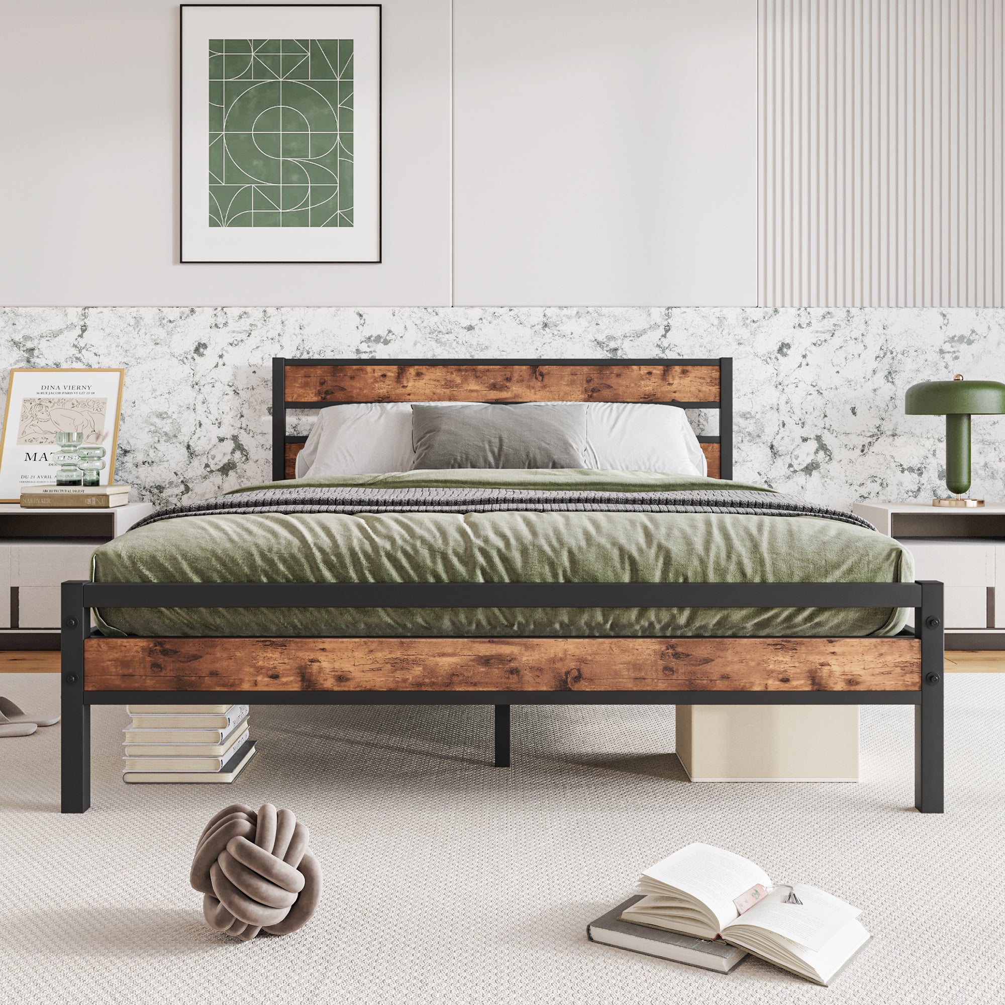Queen Size Platform Bed Frame with Rustic Vintage Wood Headboard, Strong Metal Slats Support, No Box Spring Needed - Atlantic Fine Furniture Melbourne FL