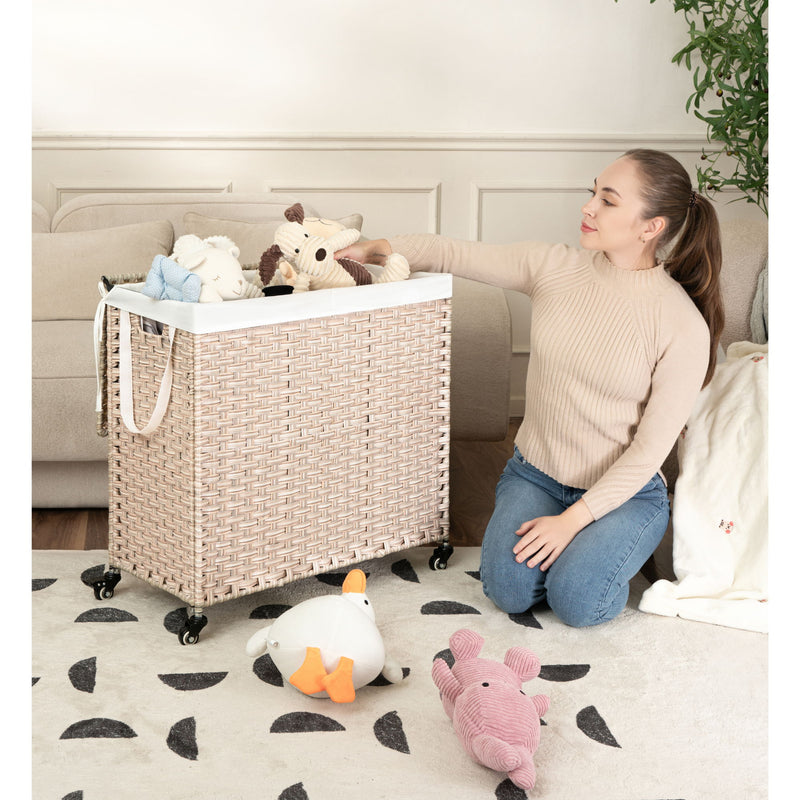 Laundry Hamper With Lid PE Rattan Powder Coating Frame Clothes Hampers With 2 Removable Bags