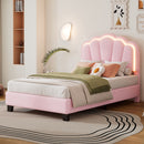 Upholstered Elegant Flowers Headboard With LED Light Strip, Platform Bed With Slats Support
