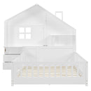 Full Size House Bed With Window And Bedside Drawers, Platform Bed With Shelves And A Set Of Sockets And USB Port - White