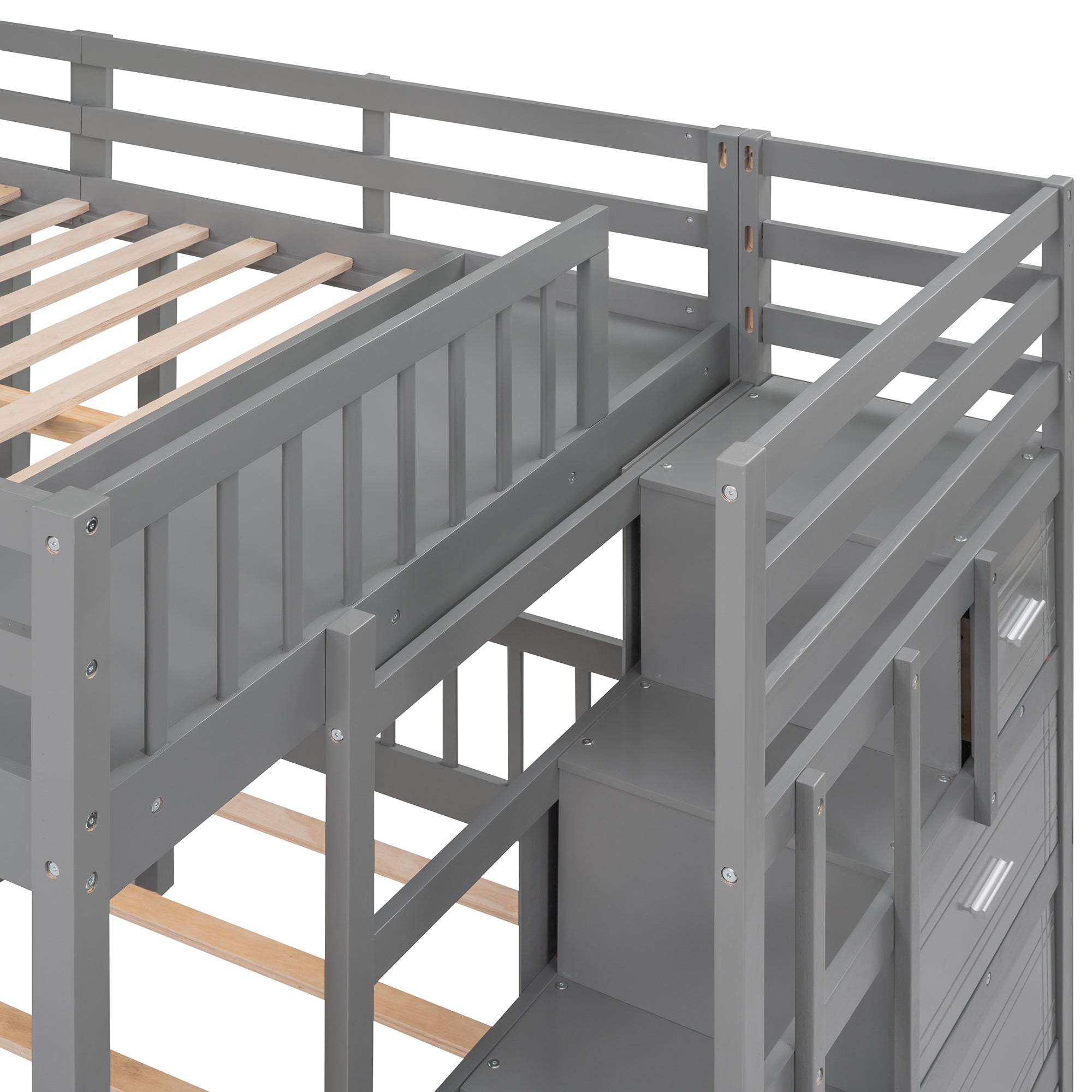 Full Over Twin & Twin Bunk Bed, Wood Triple Bunk Bed with Drawers and Guardrails (Gray) - Atlantic Fine Furniture Melbourne FL