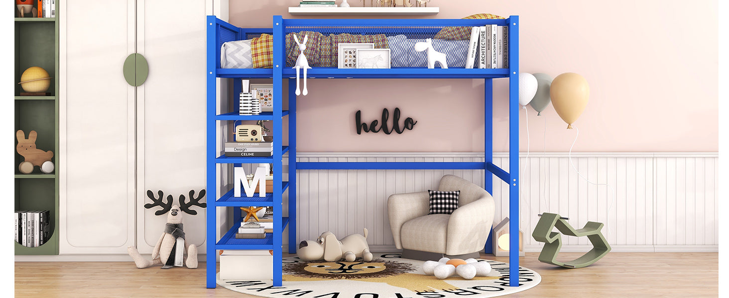 Full Size Metal Loft Bed with 4-Tier Shelves and Storage, Blue - Atlantic Fine Furniture Melbourne FL