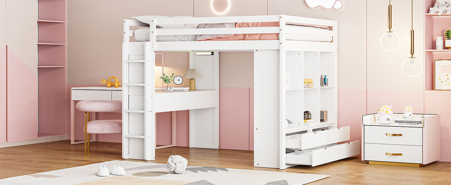 Full Size Loft Bed with large shelves, writing desk and LED Light, White - Atlantic Fine Furniture Melbourne FL