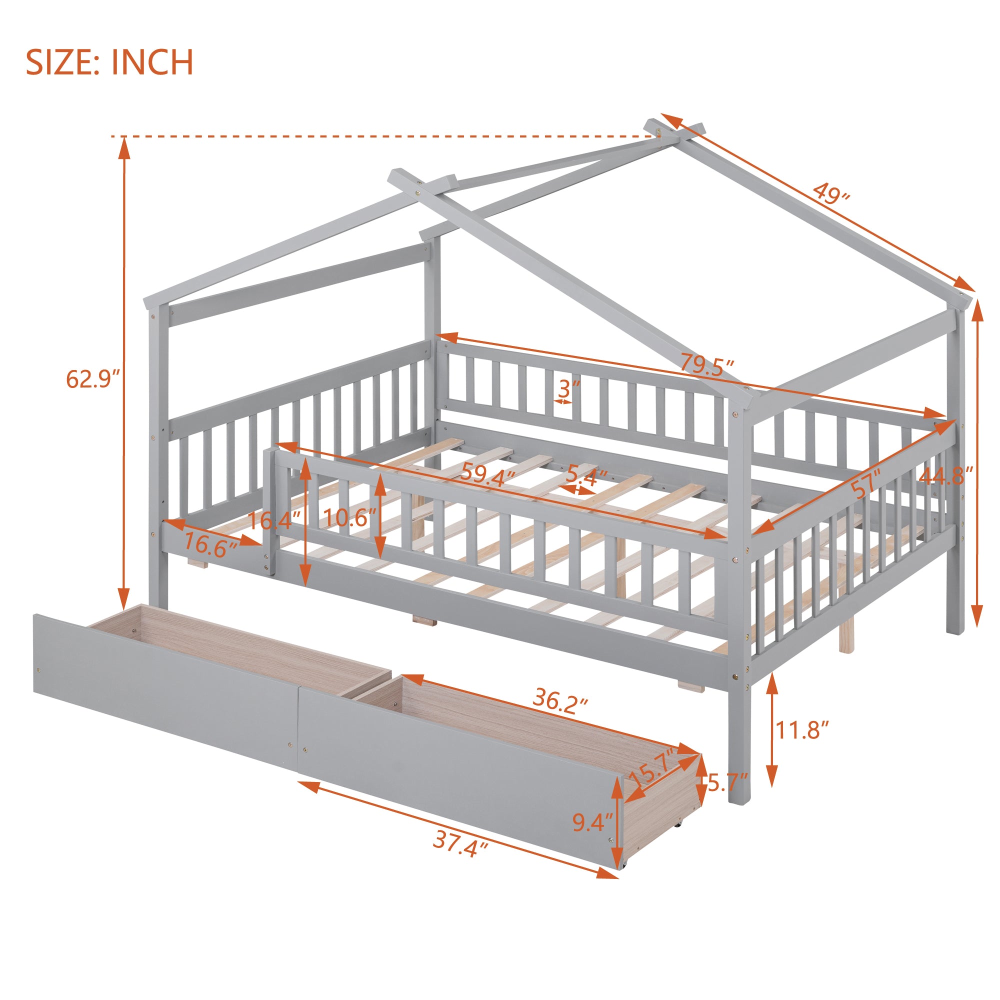 Full Size Wooden House Bed with Two Drawers,Gray - Atlantic Fine Furniture Melbourne FL