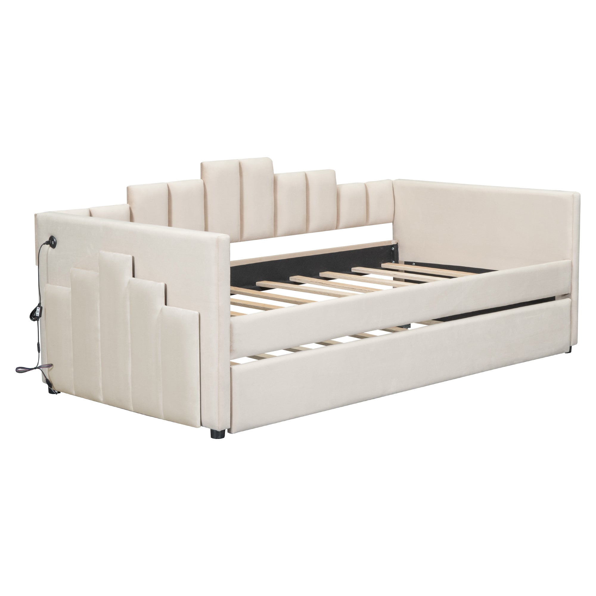 Twin Size Upholstered Daybed with Light and USB Port, Beige - Atlantic Fine Furniture Melbourne FL