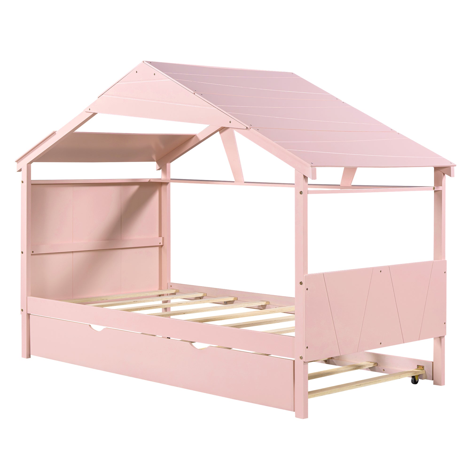 Wood Twin Size House Bed with Trundle and Storage, Pink - Atlantic Fine Furniture Melbourne FL