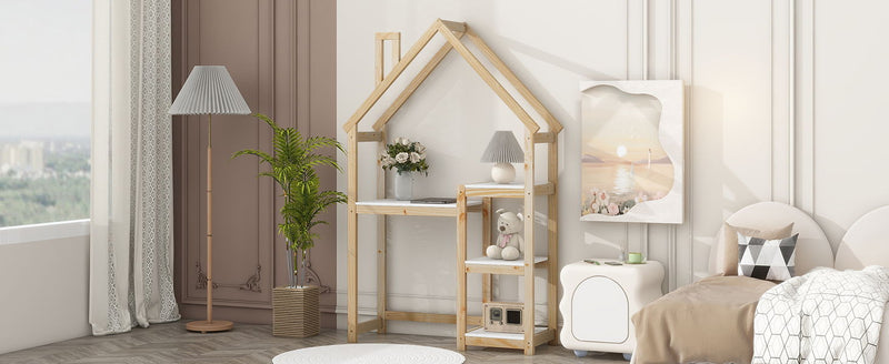 House-Shaped Wooden Writing Desk, Kids Study Table, Bookshelf & Toy Storage