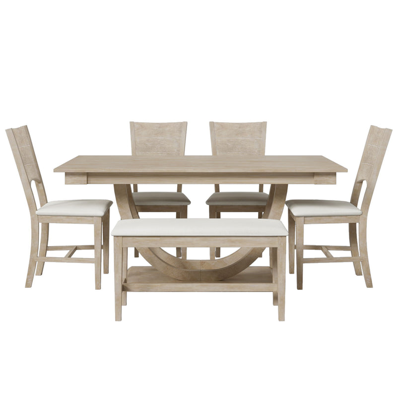 Topmax - 6 Piece Wood Half Round Dining Table Set Kitchen Table Set With Long Bench And 4 Dining Chairs, Modern Style