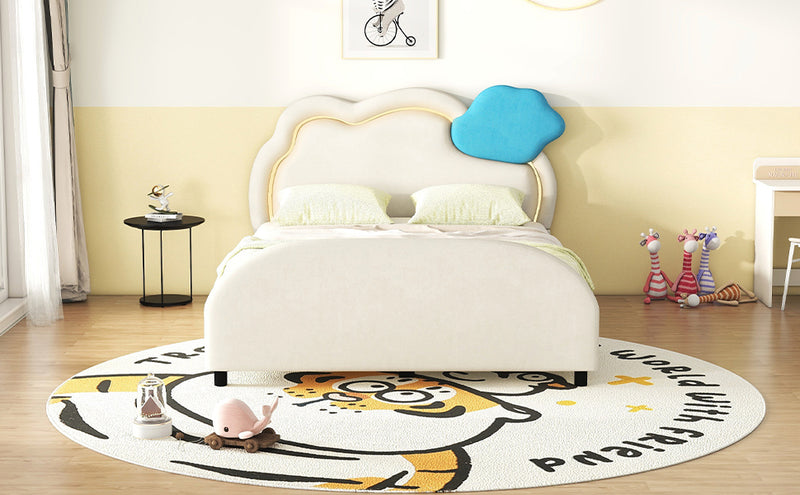 Full Size Upholstered Platform Bed with Cloud-Shaped Headboard and Embedded Light Stripe, Velvet, Beige