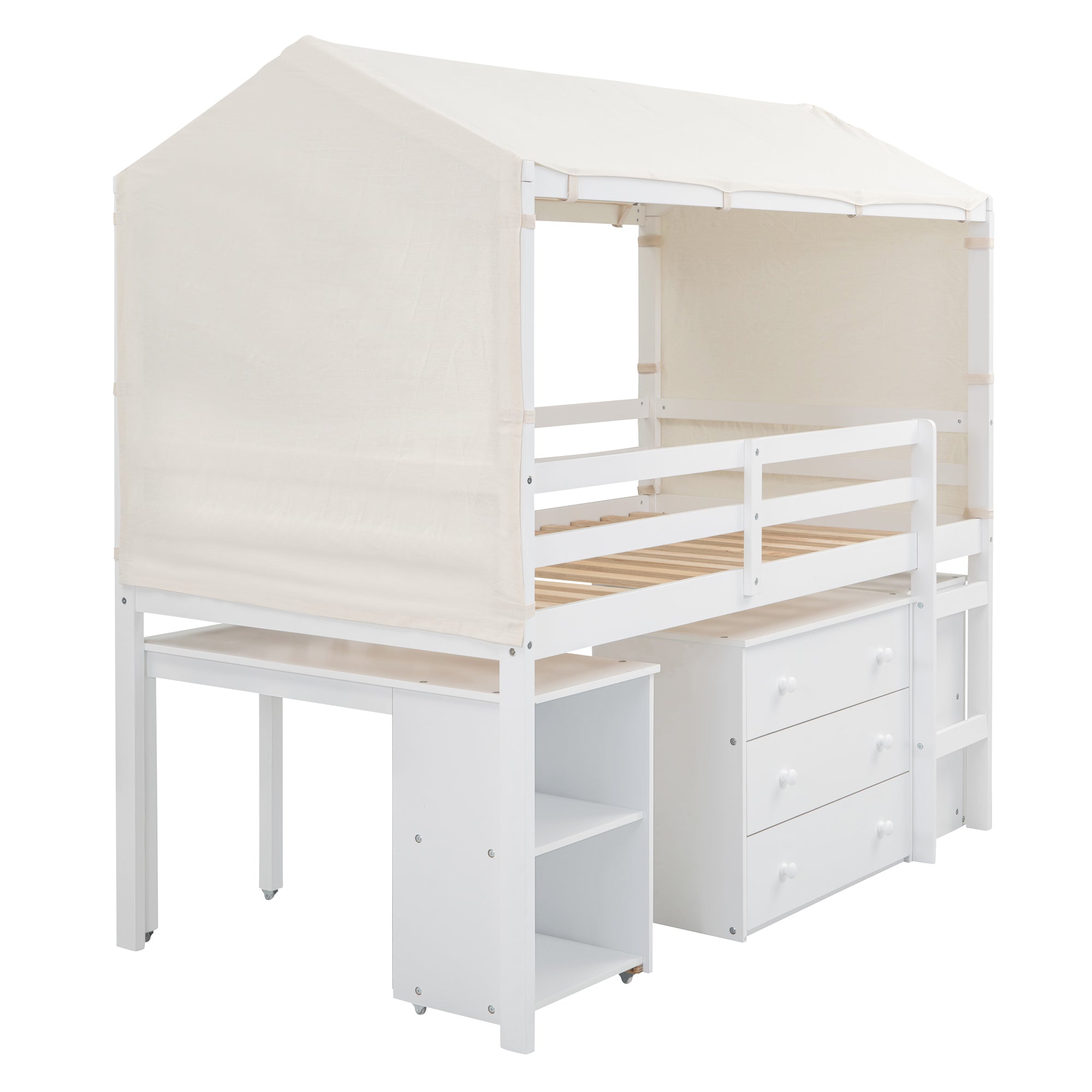 Twin Size Loft Bed with Rolling Cabinet, Shelf and Tent - White - Atlantic Fine Furniture Melbourne FL