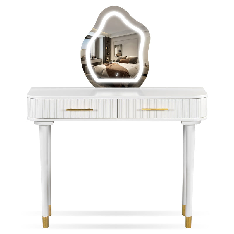 Modern Vanity Table Set With Mirror Touch Screen Lighted Mirror, Dressing Table And Cushioned Stool Set With 2 Large Drawers - White