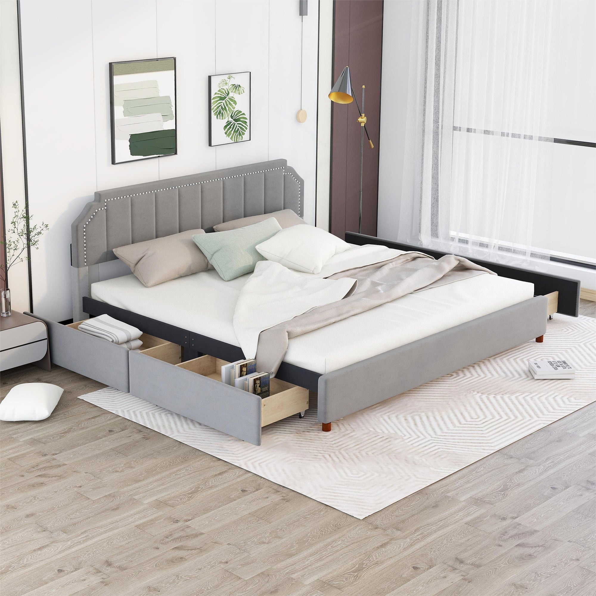 King Size Upholstery Platform Bed with Four Storage Drawers,Support Legs,Grey - Atlantic Fine Furniture Melbourne FL