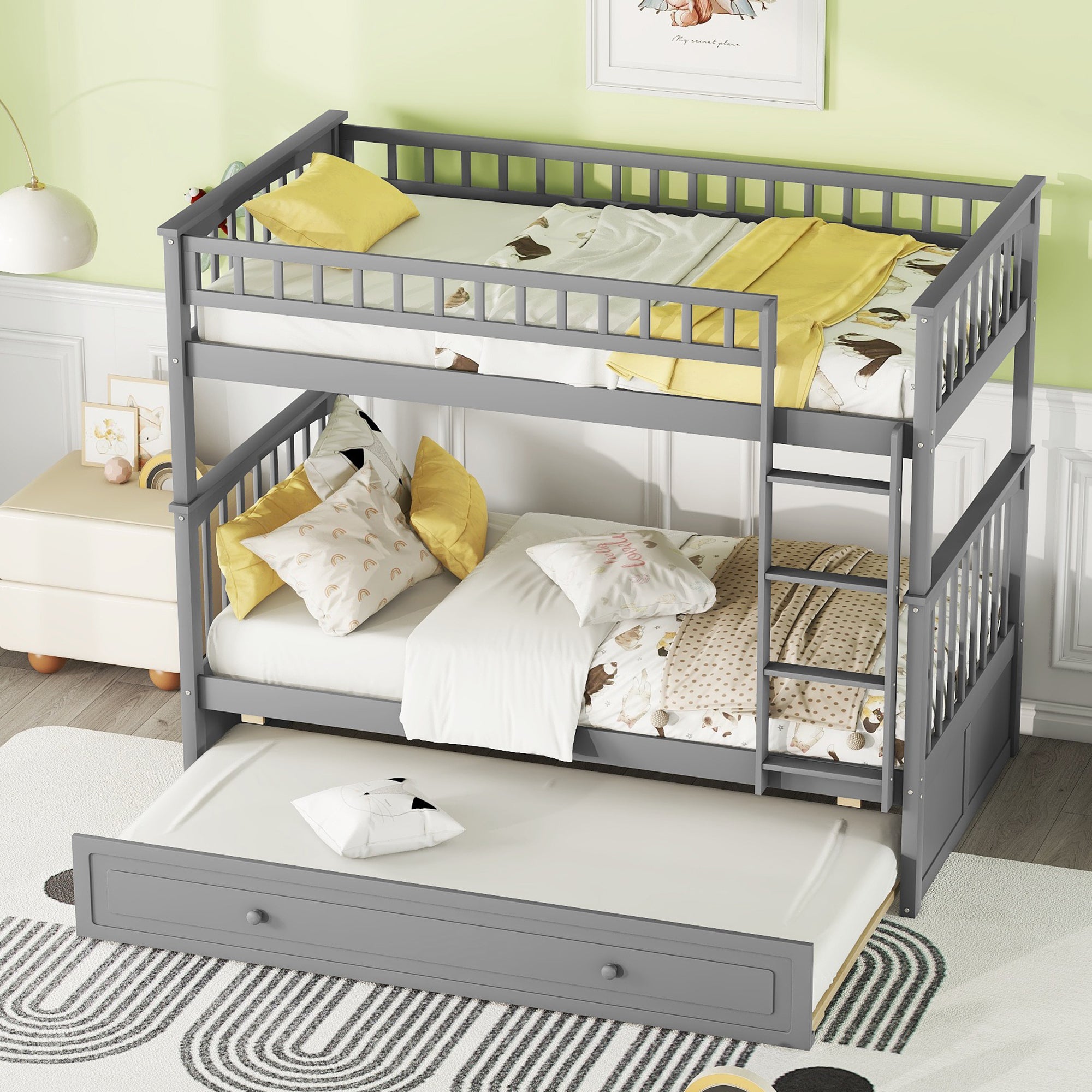 Twin over Twin Bunk Bed with Twin Size Trundle, Convertible Beds, Gray - Atlantic Fine Furniture Melbourne FL