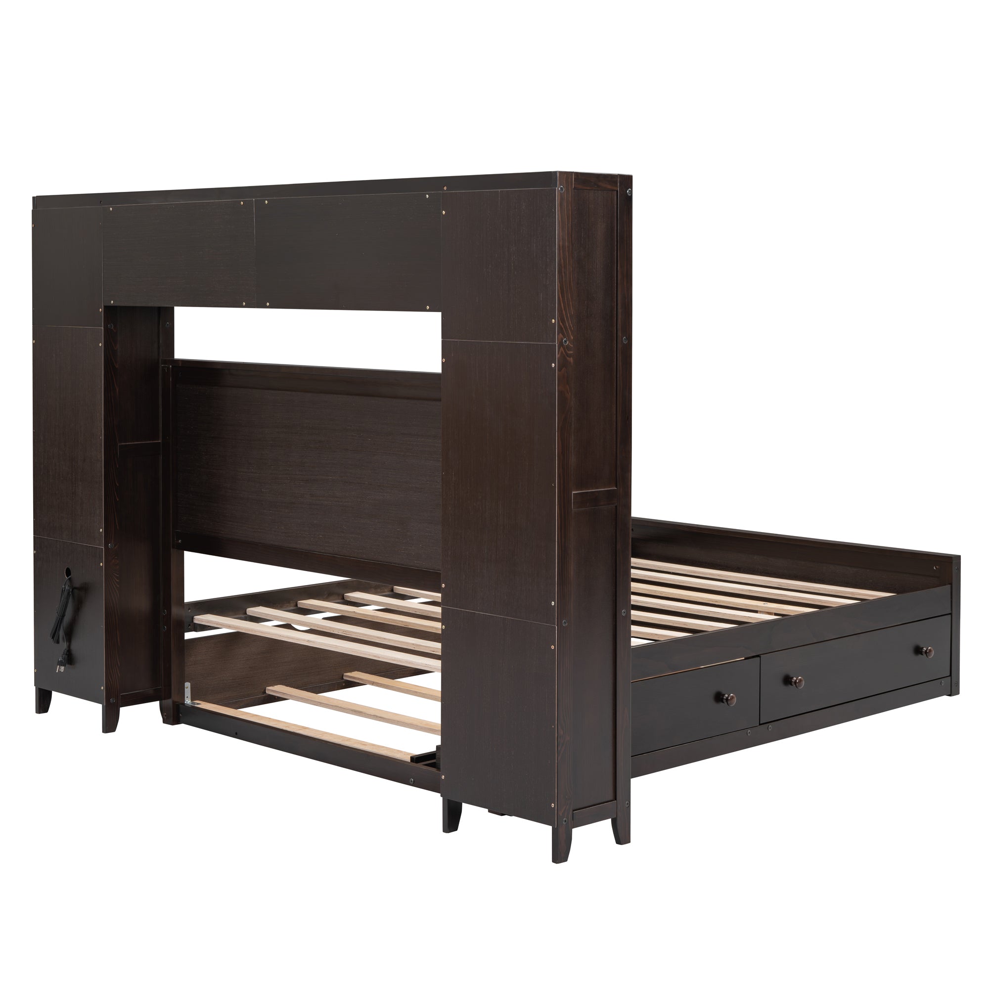 Full Size Wooden Bed With All-in-One Cabinet, Shelf and Sockets, Espresso - Atlantic Fine Furniture Melbourne FL