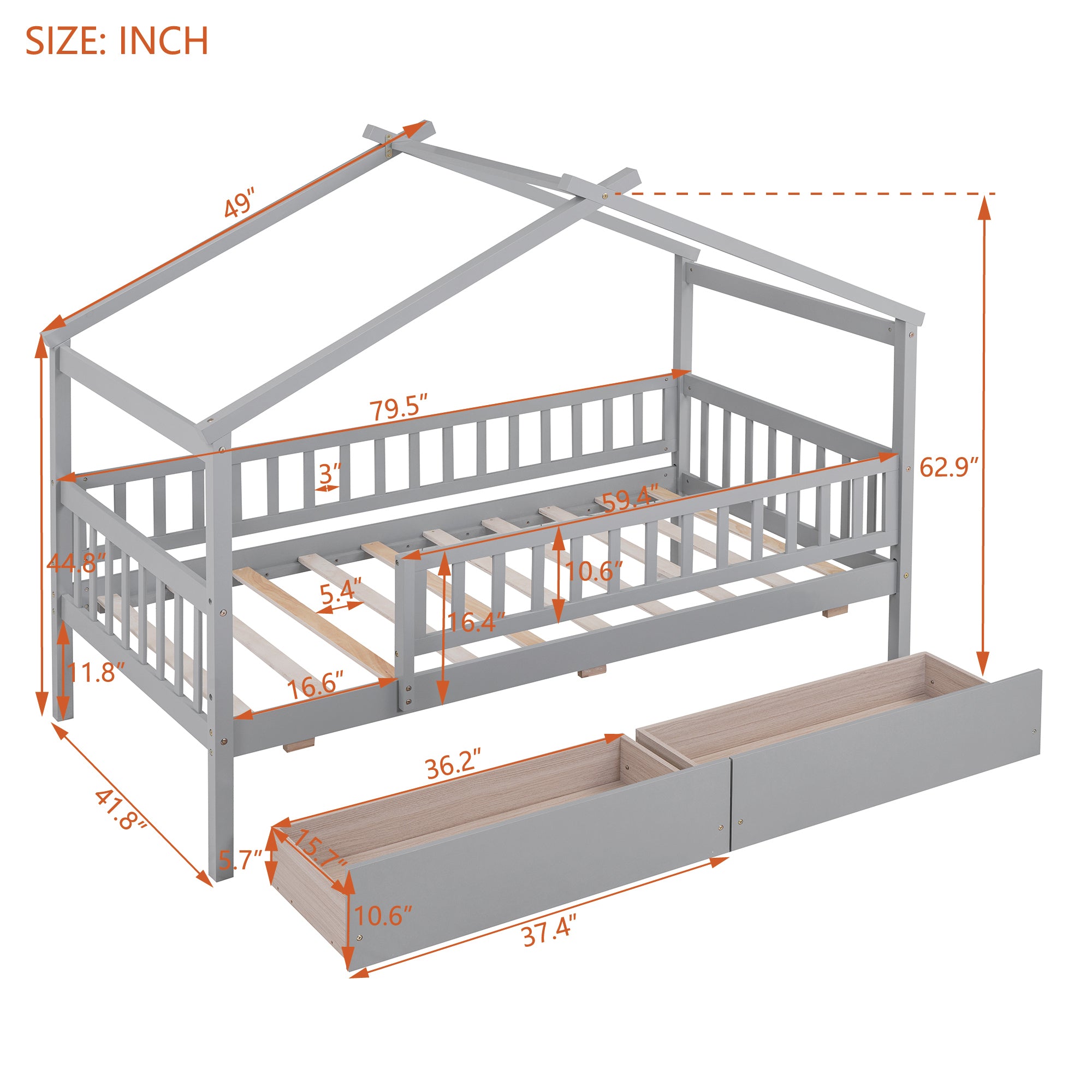 Twin Size Wooden House Bed with Two Drawers, Gray - Atlantic Fine Furniture Melbourne FL