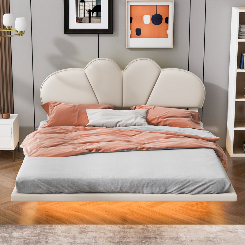Full Size Upholstery LED Floating Bed with PU Leather Headboard and Support Legs,Beige
