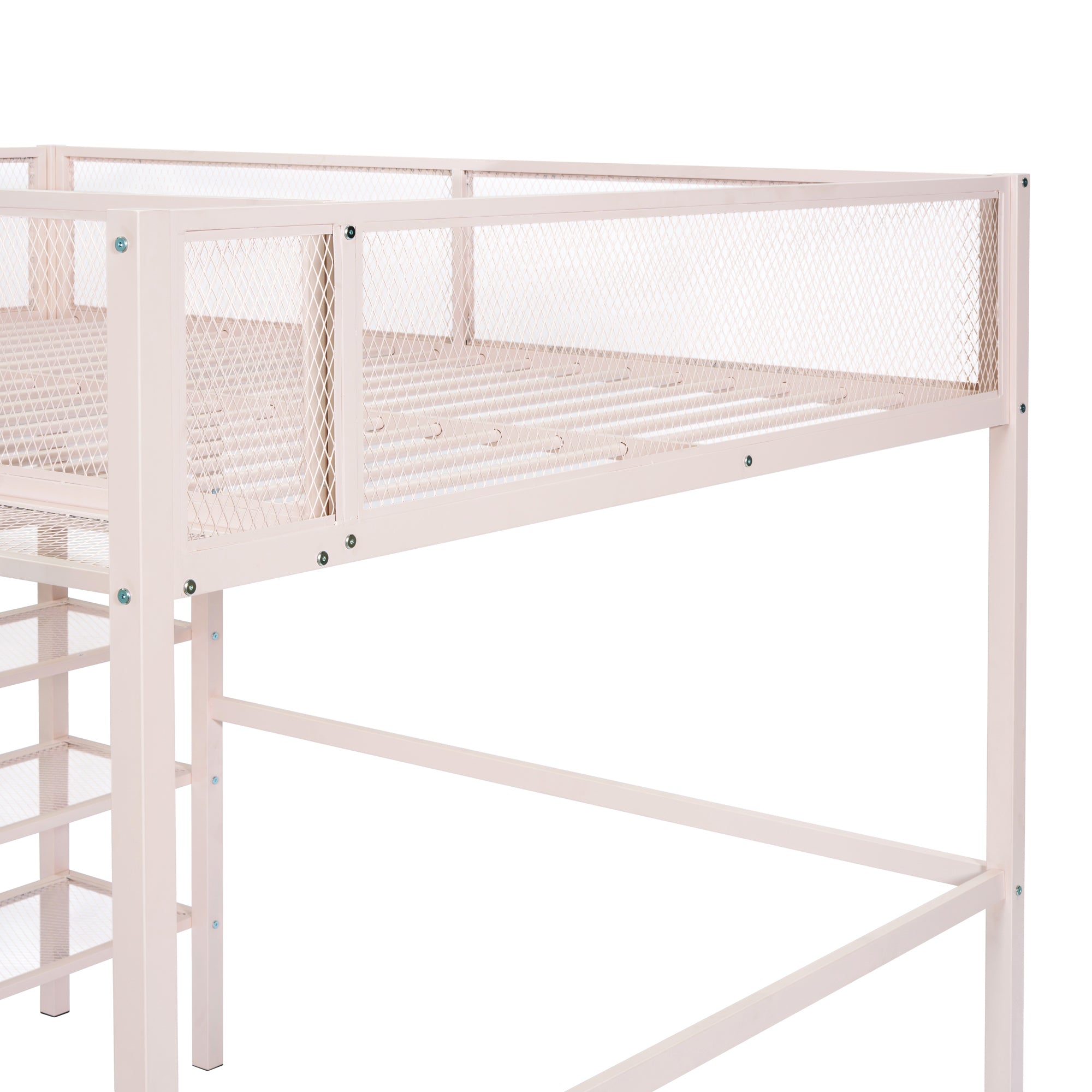 Full Size Metal Loft Bed with 4-Tier Shelves and Storage, Pink - Atlantic Fine Furniture Melbourne FL