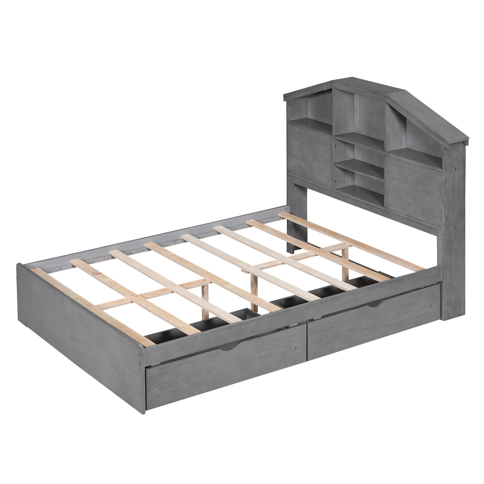 Full Size Wood Platform Bed with House-shaped Storage Headboard and 2 Drawers, Gray - Atlantic Fine Furniture Melbourne FL