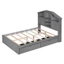 Full Size Wood Platform Bed with House-shaped Storage Headboard and 2 Drawers, Gray