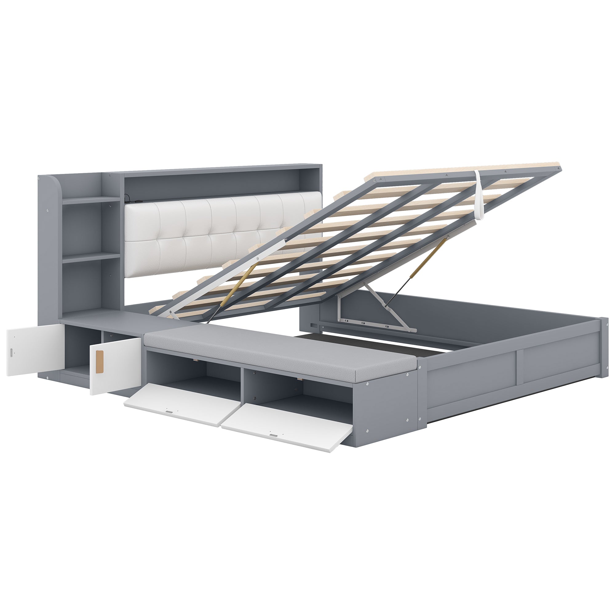 Queen Size Platform Bed Frame with Upholstery Headboard and Storage Shelves and,USB Charging,Gray - Atlantic Fine Furniture Melbourne FL