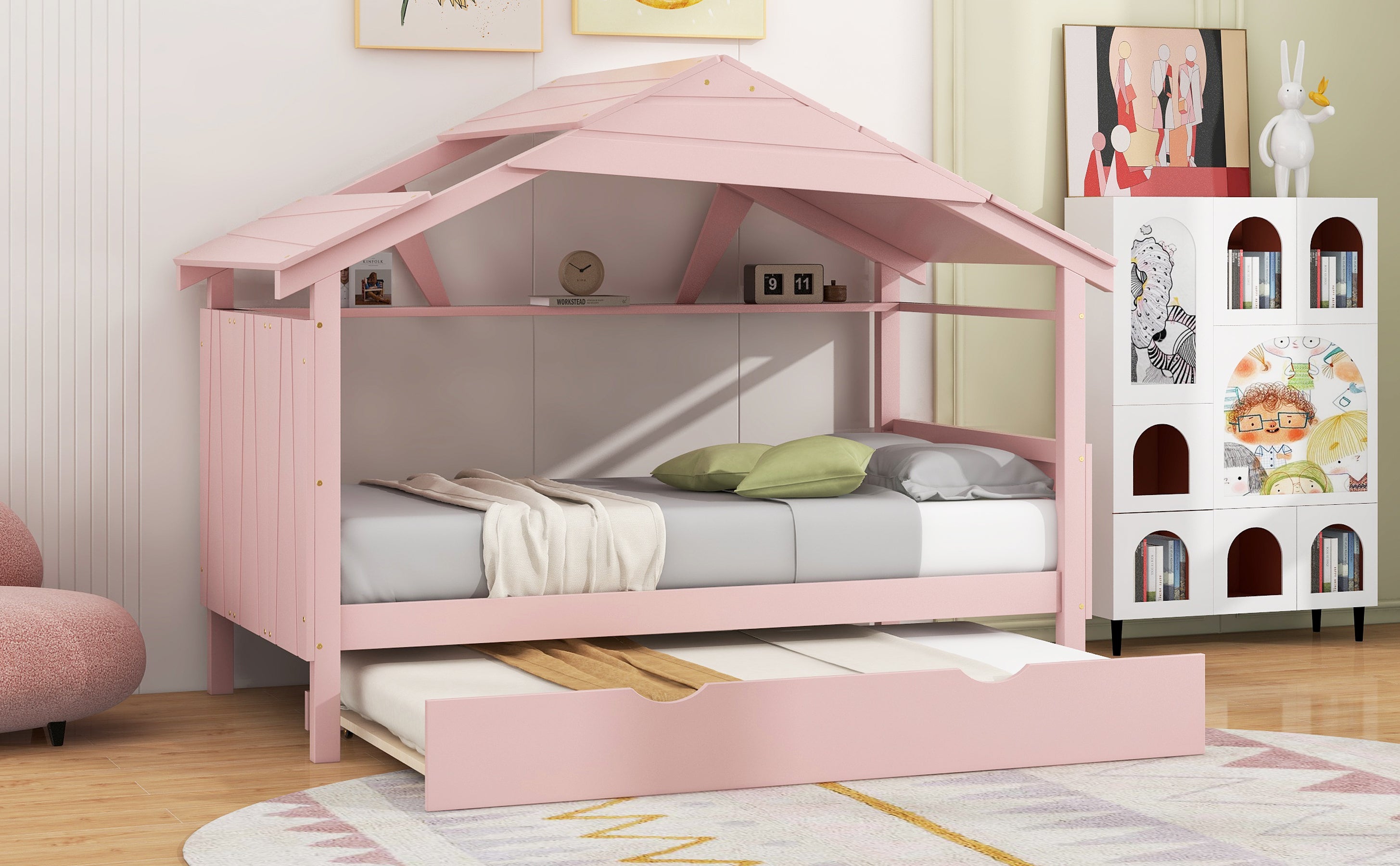 Wood Twin Size House Bed with Trundle and Storage, Pink - Atlantic Fine Furniture Melbourne FL