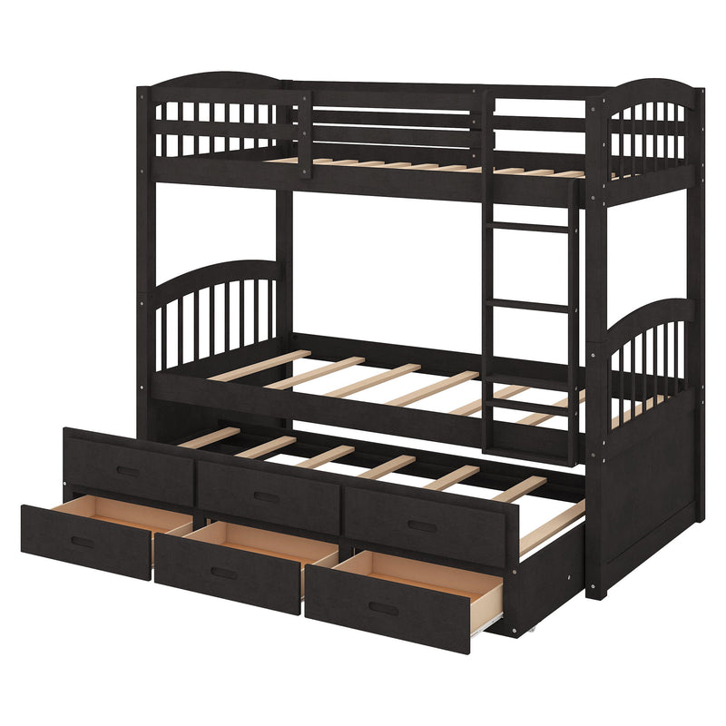 Twin Over Twin Wood Bunk Bed With Trundle And Drawers - Espresso