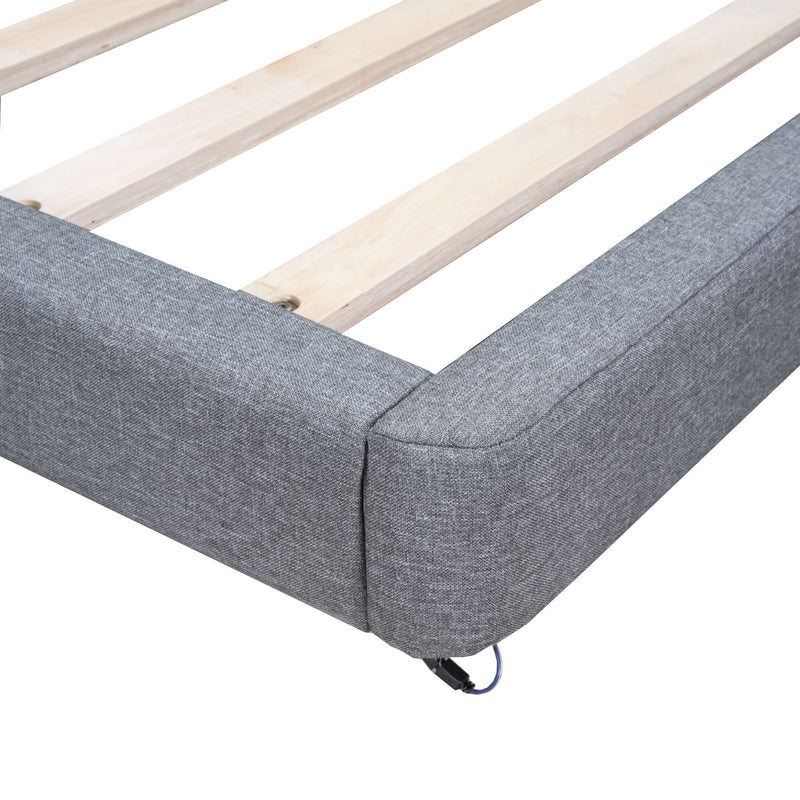Full Size Upholstered Platform Bed With LED Lights, USB Ports And Outlets - Gray