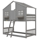 House Bunk Bed With Roof, Window, Window Box, Door, With Safety Guardrails And Ladder