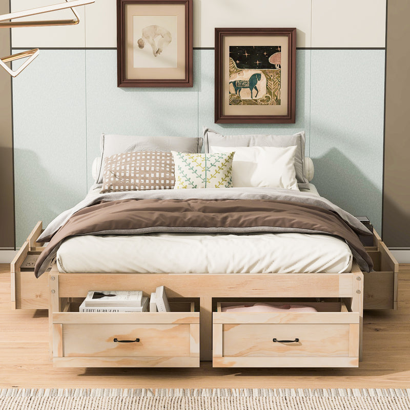 Full Size Platform Bed with 6 Storage Drawers,Antique Natural