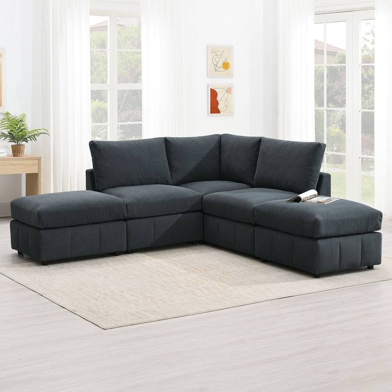 Modern Sectional Sofa With Vertical Stripes, 5 Seat Armless Couch Set With Convertible Ottomans, Various Combinations, L-Shape Indoor Furniture For Living Room