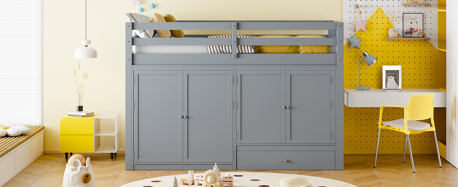 Twin size Loft Bed with Drawer, Two Wardrobes and Mirror, Gray - Atlantic Fine Furniture Melbourne FL