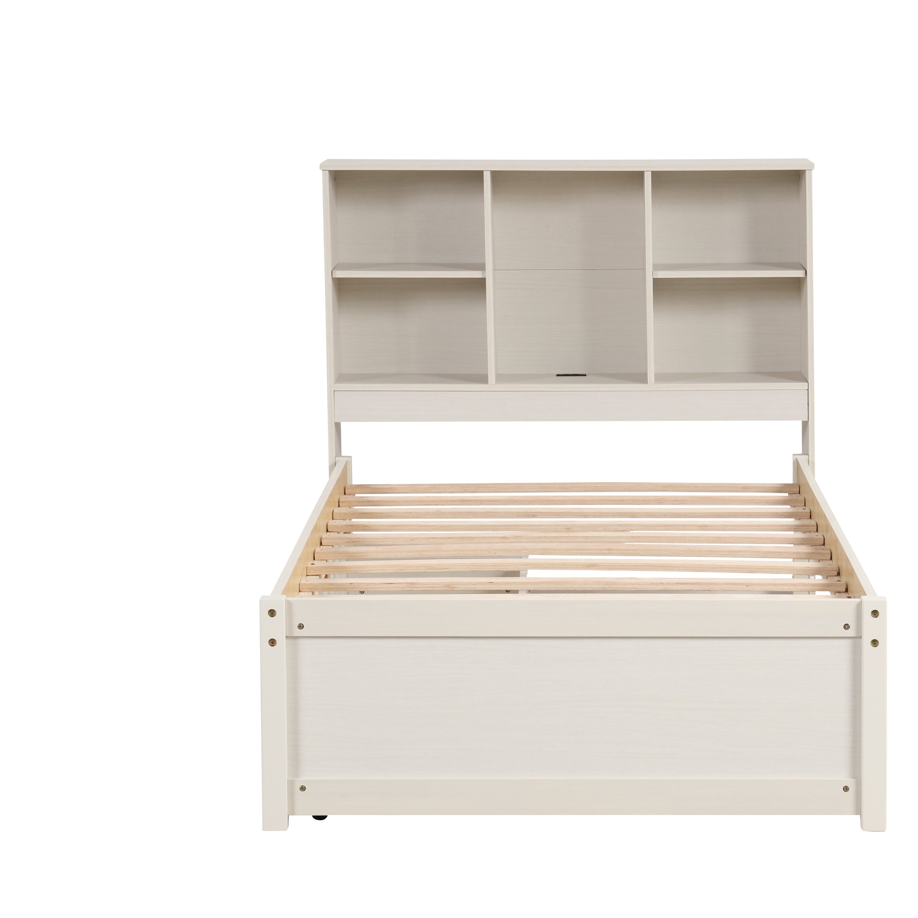 Modern Twin Size Bed Frame With Built-in USB Port on Bookcase Headboard and 2 Drawers for White Washed Color - Atlantic Fine Furniture Melbourne FL