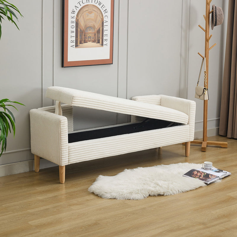 Wide Corduroy Storage Soft Bench With Armrests, Backrest And Two Bolster Pillows