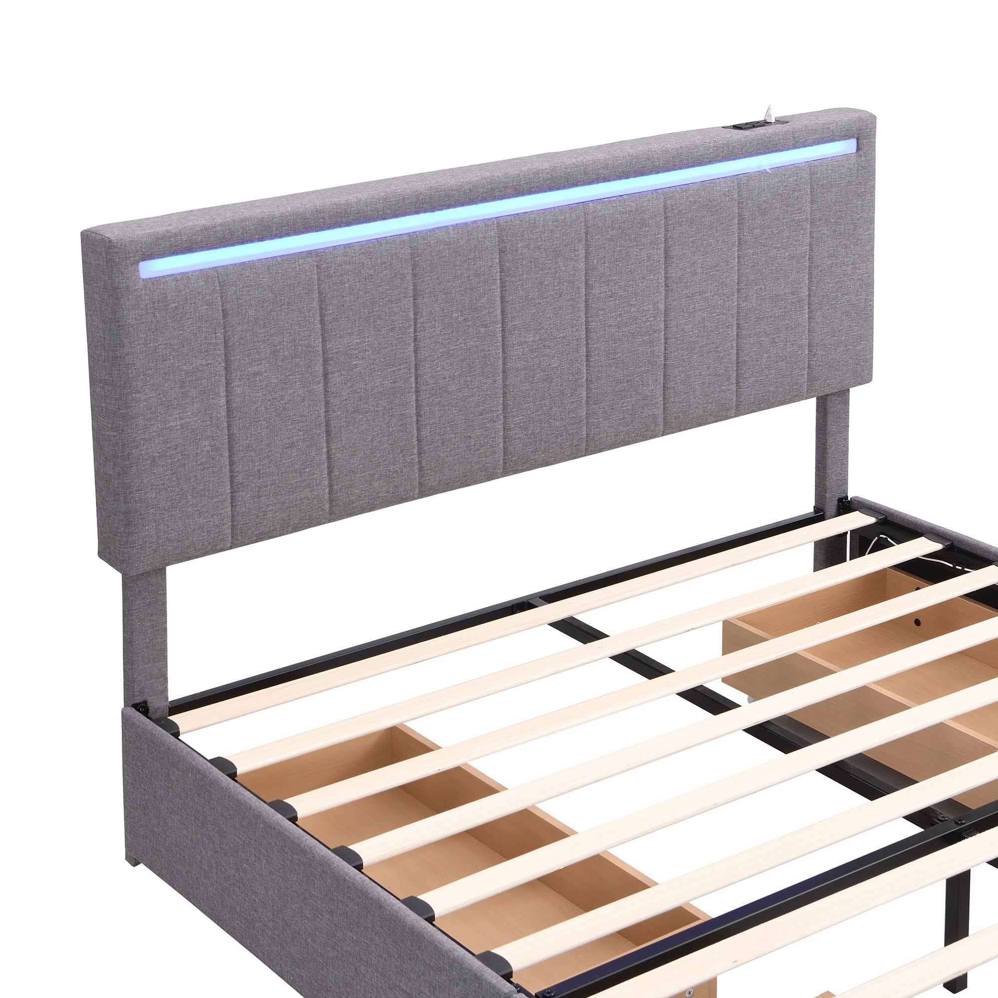 Queen Size Upholstered Bed with LED Light and 4 Drawers,  Modern Platform Bed with a set of Sockets and USB Ports, Linen Fabric, Beige - Atlantic Fine Furniture Melbourne FL