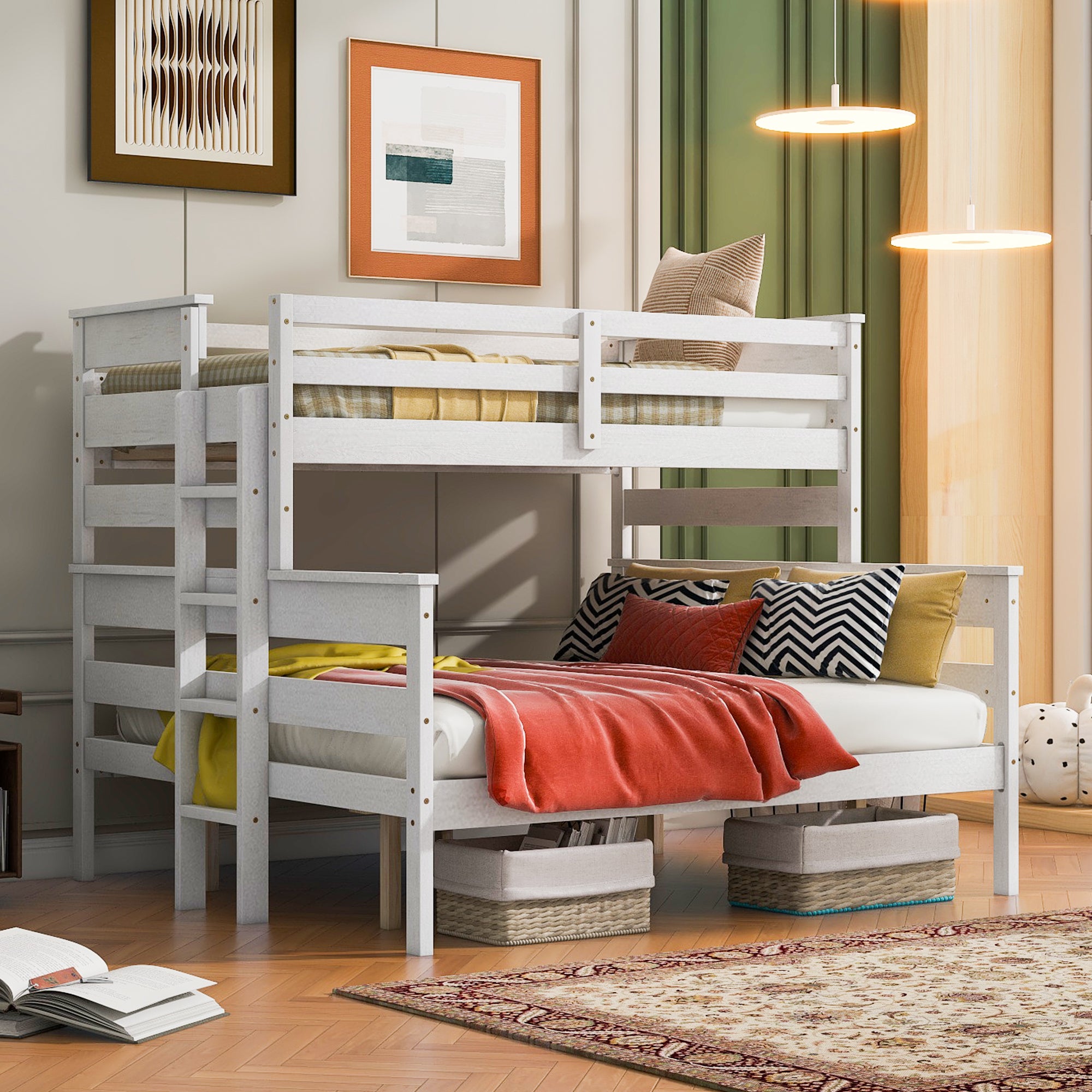 Wood Twin XL over Queen Bunk Bed with Ladder, White - Atlantic Fine Furniture Melbourne FL