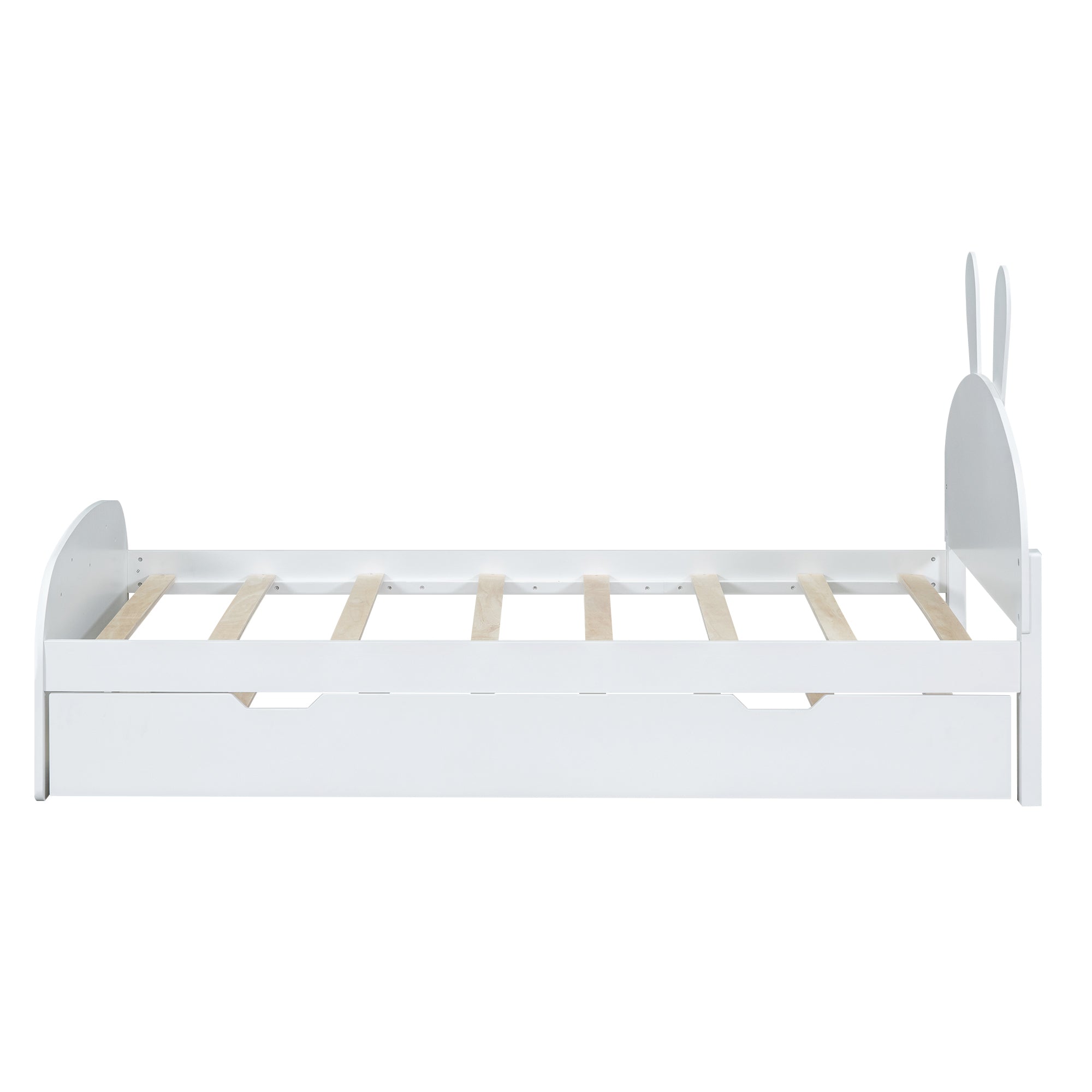 Wood Twin Size Platform Bed with Cartoon Ears Shaped Headboard and Trundle, White - Atlantic Fine Furniture Melbourne FL