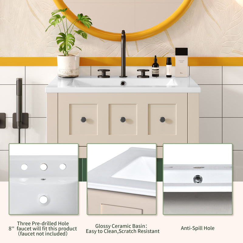 Bathroom Vanity With Ceramic Sink, Bathroom Vanity Cabinet With 2 Drawers, Wooden Bathroom Sink Cabinet - Beige / Green