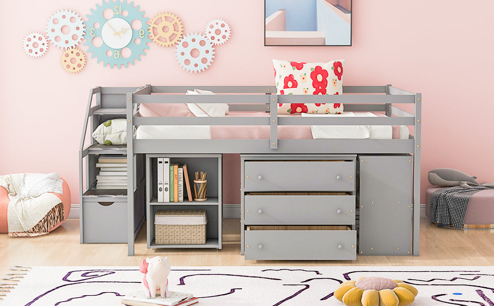 Full Size Loft Bed with Retractable Writing Desk and 3 Drawers, Wooden Loft Bed with Storage Stairs and Shelves, Gray - Atlantic Fine Furniture Melbourne FL