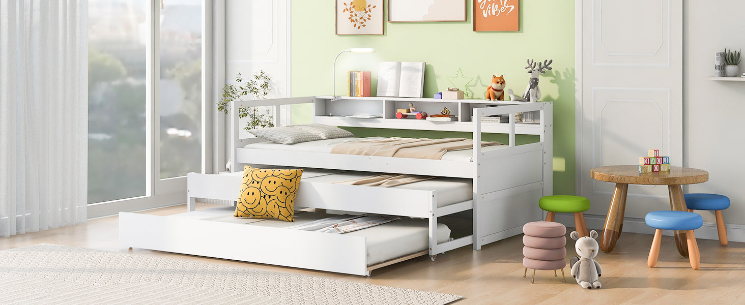 Twin XL Wood Daybed with 2 Trundles, 3 Storage Cubbies, 1 Light for Free and USB Charging Design, White - Atlantic Fine Furniture Melbourne FL
