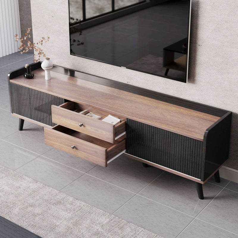 Mid Century TV Stand With 2 Cabinets & Open Compartments, Entertainment Center For Tvs Up To 70'', Television Console For Living Room - Dark Coffee / Black