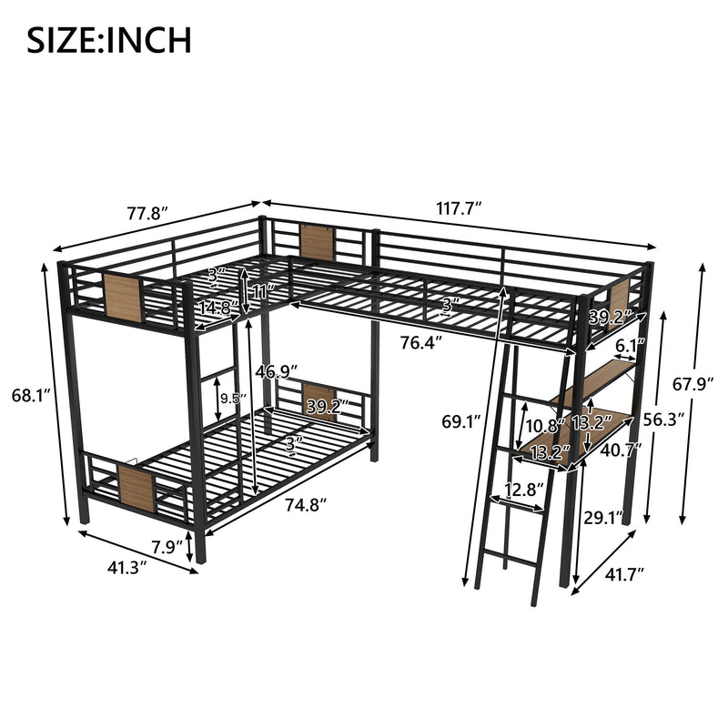 L-Shaped Twin Over Twin Bunk Bed With Twin Size Loft Bed With Desk And Shelf - Brown