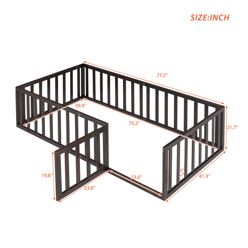 Twin Size Wood Floor Bed Frame with Fence and Door, Walnut(OLD SKU :WF289661AAL)