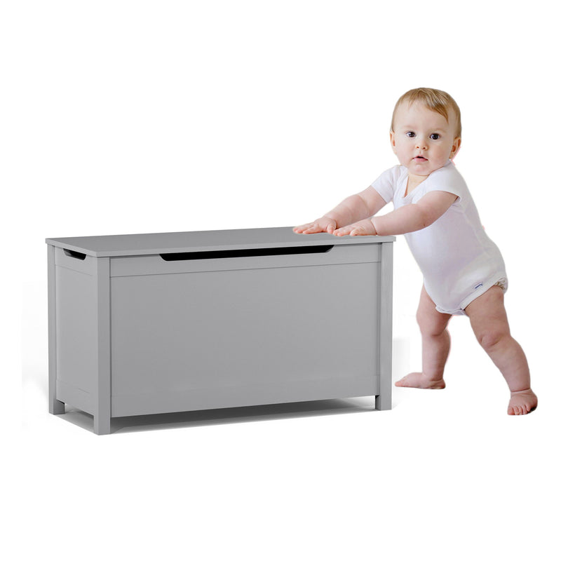 Kids Wooden Toy Box Storage With Safety Hinged Lid For Ages 2+ - Gray