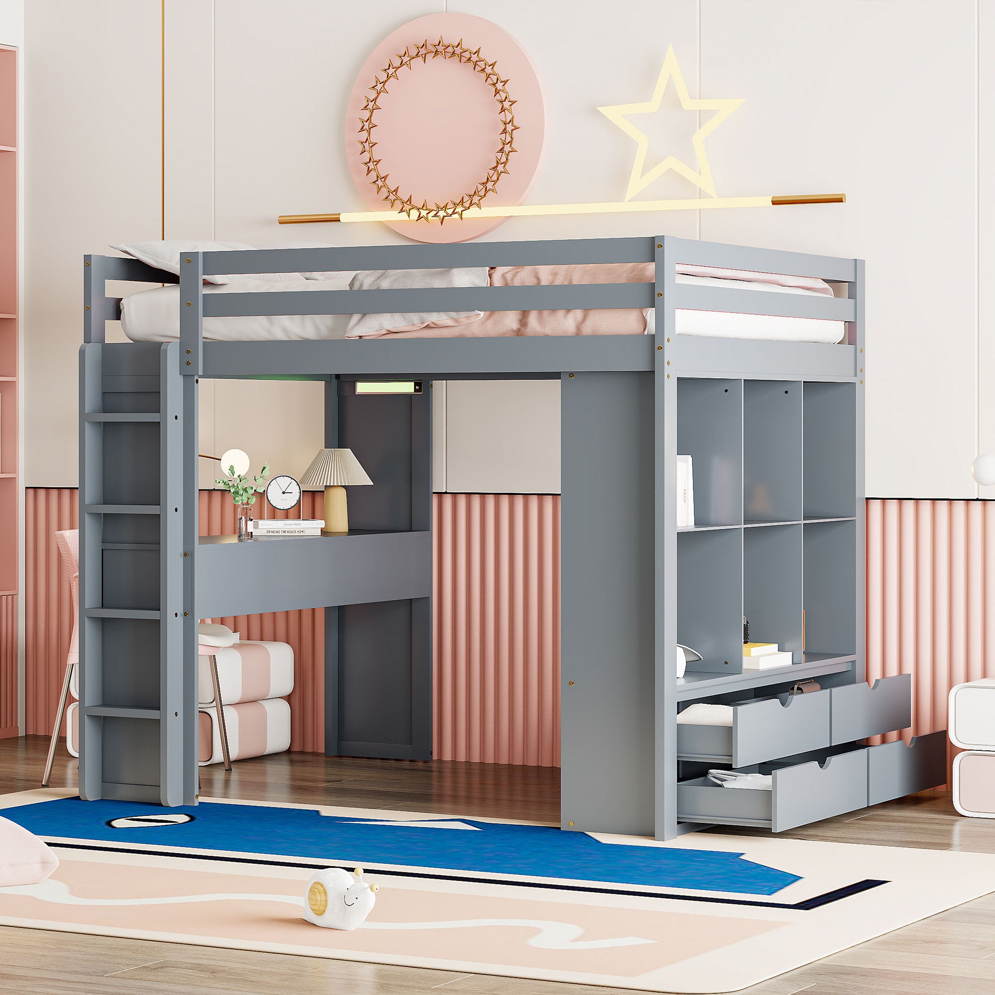 Full Size Loft Bed with large shelves, writing desk and LED Light, Gray - Atlantic Fine Furniture Melbourne FL