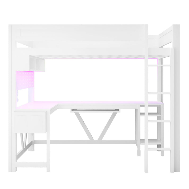 Gaming Loft Bed With Desk, Storage Shelves, LED And Charging Station
